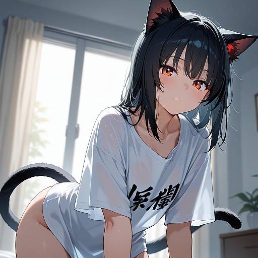Black-Haired Catgirl with Glowing Red Eyes