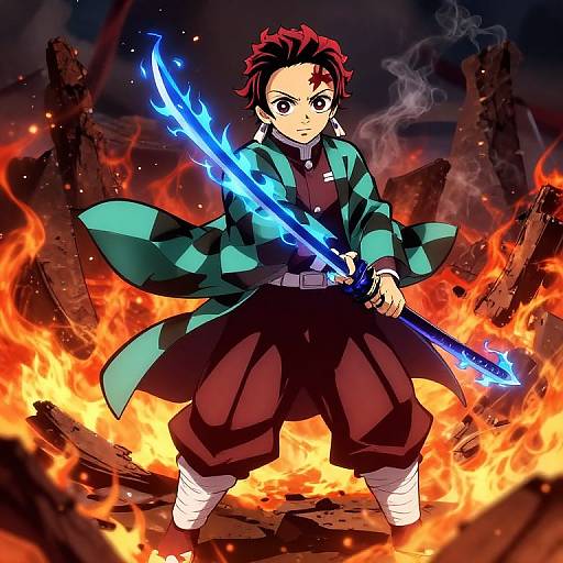 Digital anime artwork of a red-haired boy with blue glowing sword, standing in fiery ruins, wearing green checkered coat and red pants.