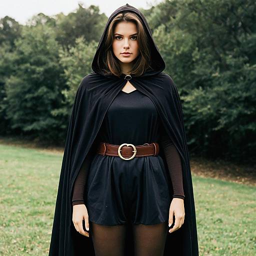 Woman in Black Hooded Cloak Outdoors