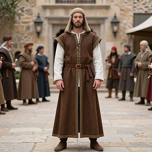Photograph of a bearded man in medieval brown tunic with white shirt, belt, and hood, standing center in a stone courtyard with blurred,