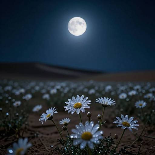 Photograph of glowing white daisies under a bright full moon, illuminating a dark, expansive desert field at night.