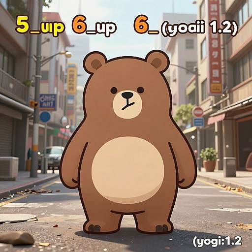 Digital artwork of a brown cartoon bear with a white belly standing on an urban street, labeled 