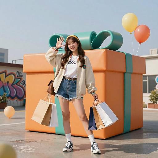 Happy Korean Woman Shopping with Giant Gift Box