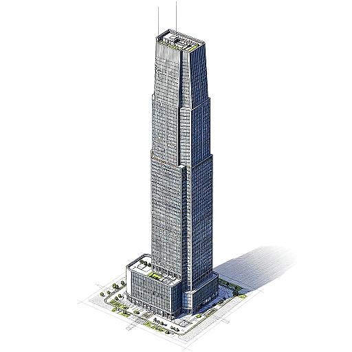 Digital isometric illustration of a tall, sleek, blue-gray skyscraper with a grid-like pattern, standing on a small rectangular base.