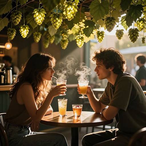 Photograph of a dimly lit café; curly-haired couple sips steaming drinks under glowing grapevine lights, sunlight streaming from the background.