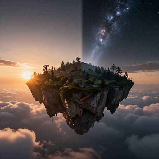 Fantastical CGI of a floating island with pine trees, set against a sunset on the left and a starry Milky Way on the right, surrounded