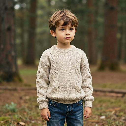 Photograph of a young boy with light brown hair, wearing a cream cable-knit sweater and blue jeans, standing in a forest.