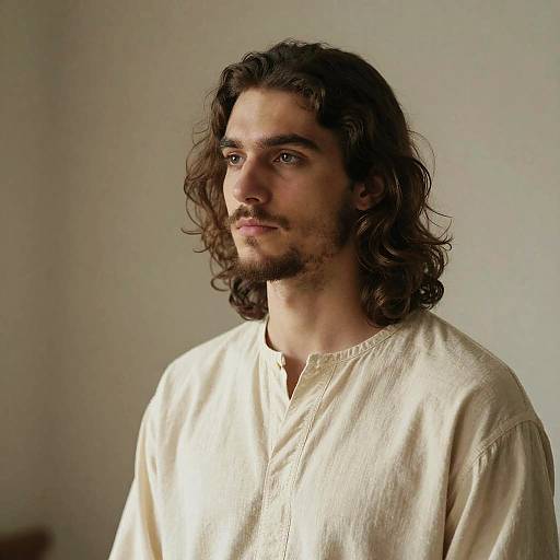 Photograph of a young man with wavy brown hair, light beard, and blue eyes, wearing a cream-colored, long-sleeve, button