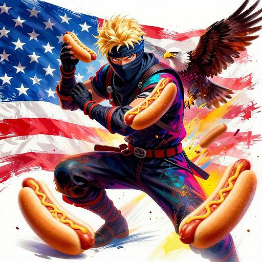 Dynamic anime-style illustration of a blonde, masked ninja with eagle wings, holding hot dogs against a vibrant, star-spangled American flag background.
