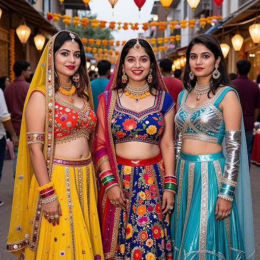 Photograph of three Indian brides in colorful traditional outfits with intricate embroidery, floral designs, and jewelry, standing in a festive, street-lit alley.
