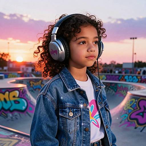 Photograph of a young girl with curly hair, wearing headphones, denim jacket, and white shirt, standing in a graffiti-covered skate park at sunset.