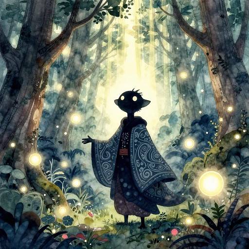 Digital fantasy art of a silhouetted figure in intricate kimono, surrounded by glowing fireflies in a mystical forest, illuminated by ethereal light