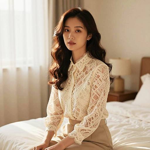 Photograph of an Asian woman with long, wavy black hair, wearing a white lace blouse and beige pants, sitting on a sunlit bed.