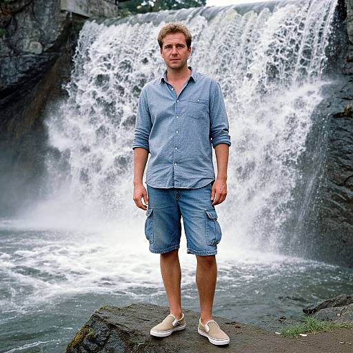 Photograph of a blond, Caucasian man in a blue button-up shirt and knee-length cargo shorts standing in front of a cascading waterfall, wearing white