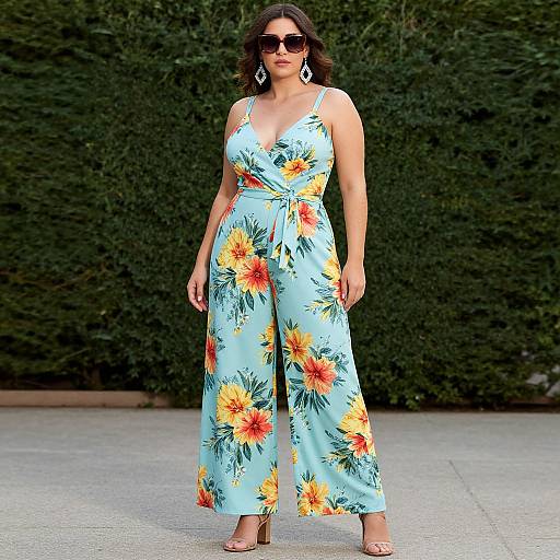 Photograph of a woman with curly dark hair, wearing black sunglasses, a light blue floral jumpsuit, and white earrings, standing in front of a