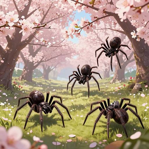 Digital artwork of five black spiders with shiny exoskeletons walking through a vibrant, sunlit cherry blossom forest, surrounded by pink petals and green grass