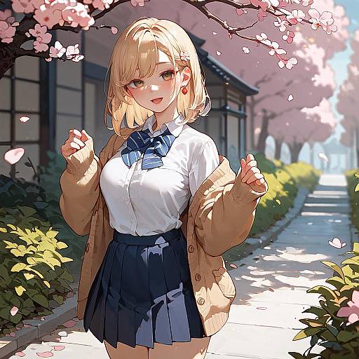 Cheerful Girl Among Cherry Blossoms