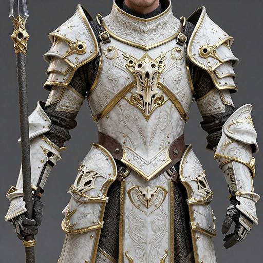 Photorealistic CGI of a knight in ornate white and gold armor with skull motifs, holding a black spear, against a gray background.