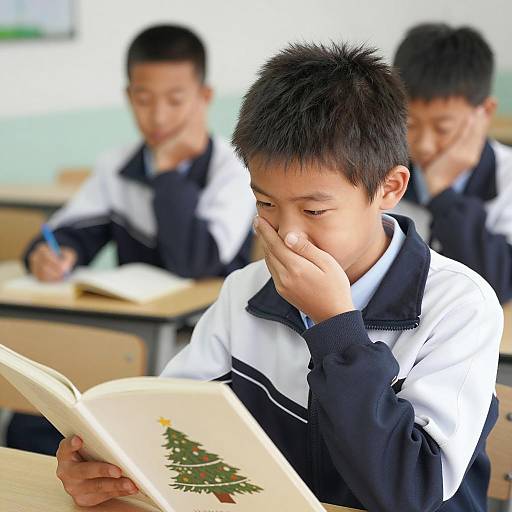 Schoolboy Reading Under Christmas Spirit