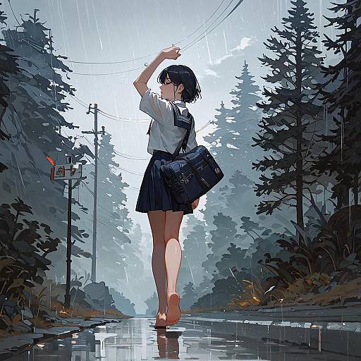 Anime Girl Walking Roadside at Sunset