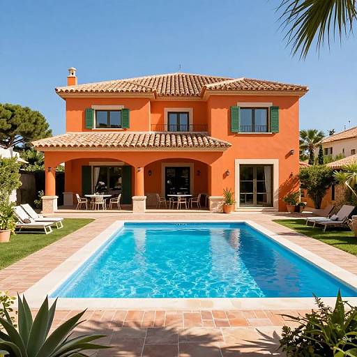 Photograph of a vibrant orange Mediterranean-style villa with terracotta roof, green shutters, and a rectangular blue swimming pool in the foreground. Outdoor