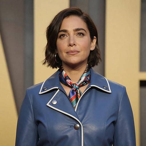 Contemplative Woman in Blue Leather