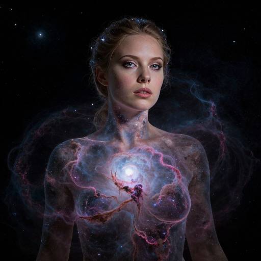 Digital artwork of a blonde woman with ethereal glowing breasts, surrounded by cosmic nebulae and stars, set against a dark space background.