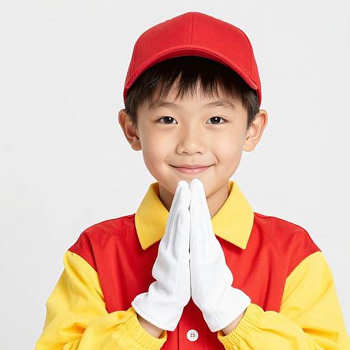 Photograph of an Asian boy with short black hair, wearing a red cap, red and yellow shirt, and white gloves, standing with hands in prayer