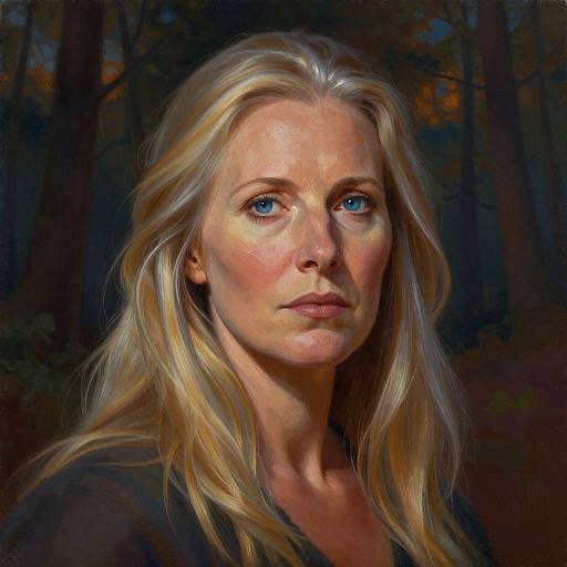Digital painting of a serious blonde woman with blue eyes, fair skin, and wavy hair, set against a dark forest background.