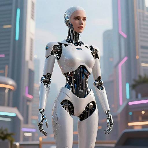 Elegant Cybernetic Human in Sci-Fi City