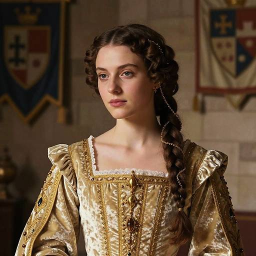 Photograph of a young Caucasian woman with fair skin and brown hair in a braid, wearing an ornate, gold, 16th-century-style