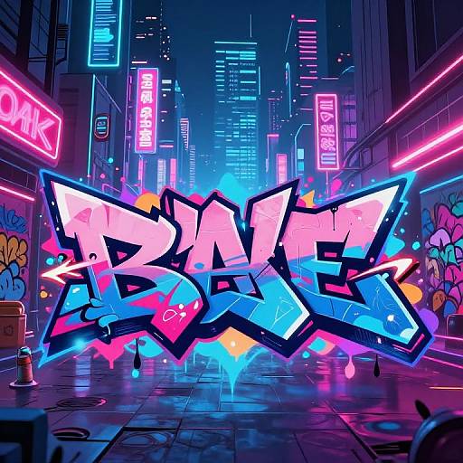 Neon-lit urban street at night with vibrant pink, blue, and purple graffiti on the wall, surrounded by glowing city signs. Digital artwork style