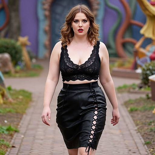 Photograph of a curvy, fair-skinned woman with wavy brown hair, wearing a black lace crop top and high-waisted black lace