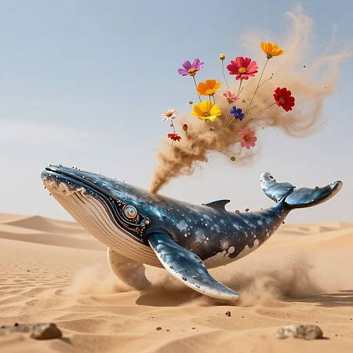 Photorealistic digital artwork of a blue whale in a desert, exhaling colorful flowers with a trail of smoke.