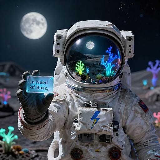 Digital artwork of an astronaut in a white spacesuit with a reflective helmet, holding a 