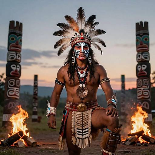 Photograph of a muscular, dark-skinned Native American warrior in traditional feathered headdress, red face paint, and tribal attire, kneeling between flaming