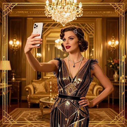 1930s Glamorous Woman Taking Selfie in Gatsby-Style Room