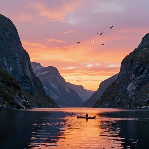 Photograph of a serene fjord at sunset, with a silhouetted rowboat and two people, surrounded by mountains and flying birds. Warm