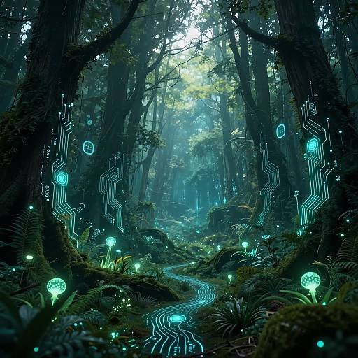 Mystical Tech-Infused Forest Art