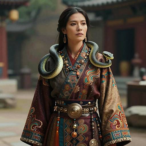 Woman in Ornate Cyberpunk Tibetan Robes with Snake