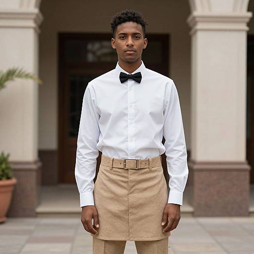 Photograph of a young Black man with short curly hair, wearing a white dress shirt, black bow tie, beige skirt, and tan pants, standing