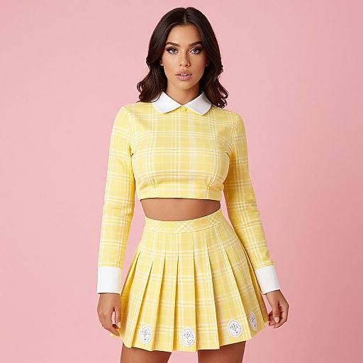 Photograph of a woman with dark hair wearing a yellow plaid crop top and matching pleated skirt, white collar, and pink background.