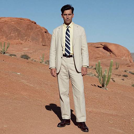 Photograph of a man in a white suit with black striped tie, standing in a sunny, red rock desert landscape with cacti.
