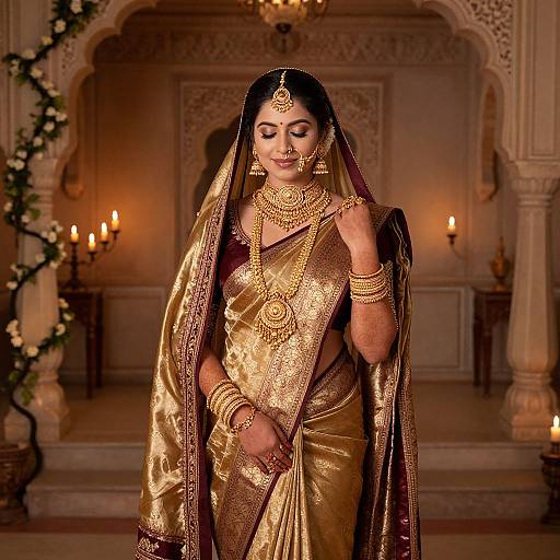 Photograph of an elegant Indian bride in a gold saree with intricate embroidery, wearing traditional jewelry, standing in a warmly lit, ornate room with
