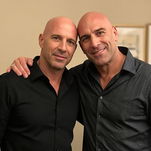 Photograph of two bald, middle-aged men with light skin, wearing black shirts, smiling and standing close with arms around each other.