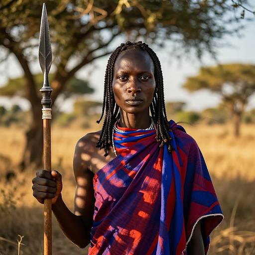 Photograph of an African woman with dark skin, braided hair, wearing a red and blue patterned cloth, holding a spear, standing in a