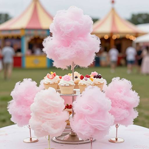 Photograph of a pink cotton candy tower with cupcakes, standing on a silver pedestal, at a colorful carnival with blurred tents.