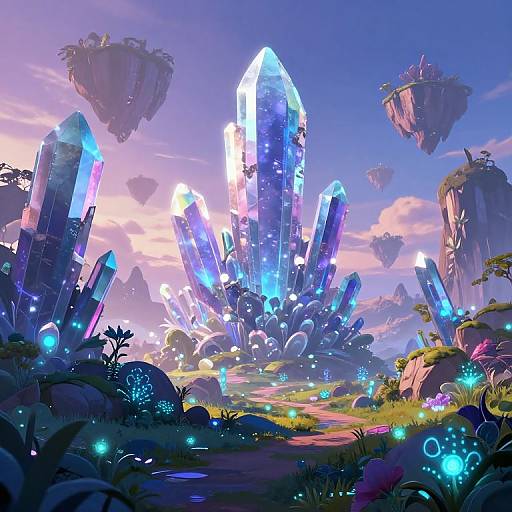 Vibrant digital fantasy scene: glowing blue and purple crystal spires, floating islands, bioluminescent plants, and a colorful, magical landscape