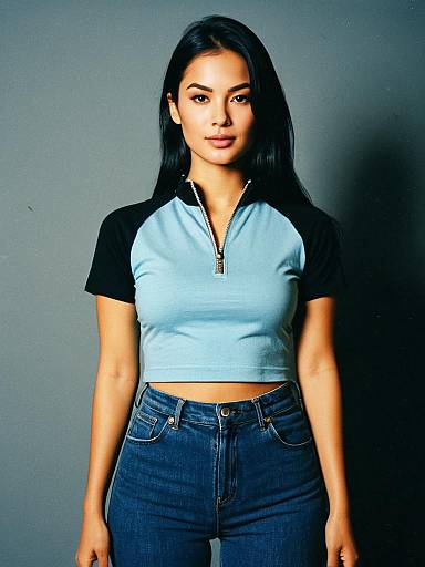 Sporty Casual Woman in Blue Crop Top and Jeans