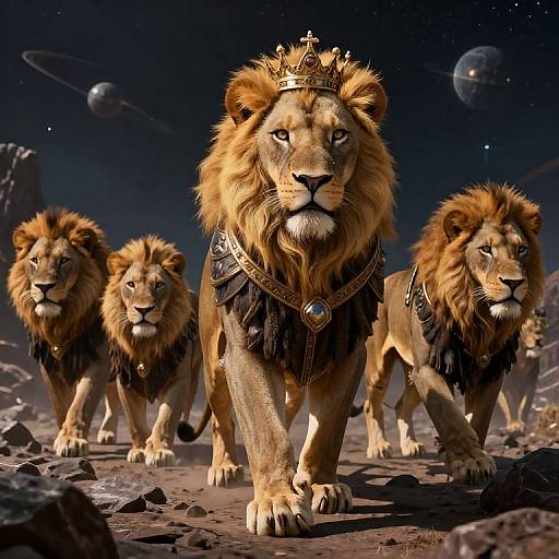 Photorealistic CGI of four regal lions with golden manes, crowns, and ornate collars, walking on a rocky, starry